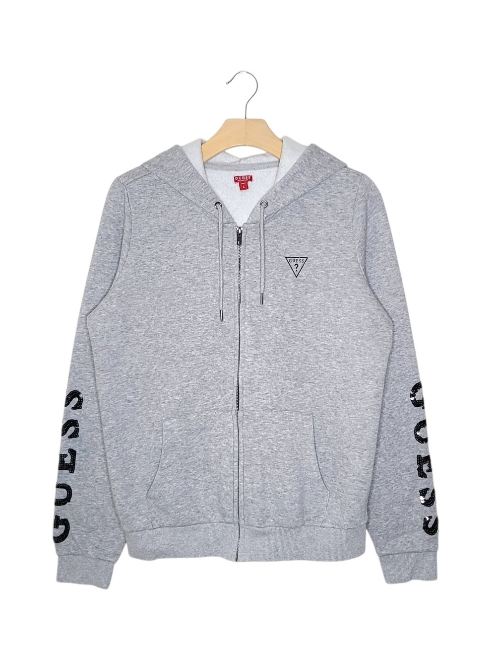 Guess Gray Y2K Full-Zip Hoodie with Black Sequin Lettering on Sleeve
